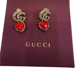 Gucci Gold and Red Heart drop earrings with crystals post back